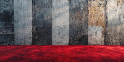 Elegant red carpet laid over textured concrete floor in a contemporary setting during a daytime event photo