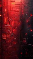 Abstract digital artwork featuring intricate red circuitry patterns and glowing elements photo