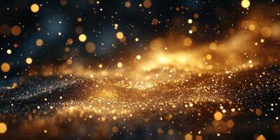 Sparkling golden particles drift through the air, creating a mesmerizing effect against a dark backdrop photo