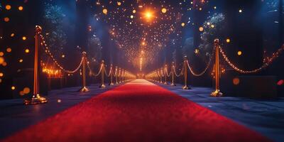 Elegant red carpet pathway adorned with golden ropes and twinkling lights creates a magical atmosphere for a glamorous event photo