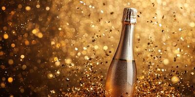 Celebration toast with sparkling champagne bottle and golden confetti during a festive event photo