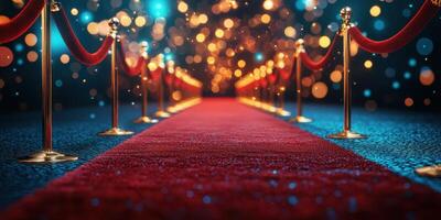 Glamorous red carpet setup with elegant lighting for a prestigious event at night photo