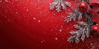 Festive Christmas decorations with snowflakes and ornaments on a vibrant red background photo