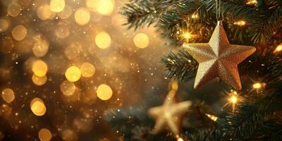 Golden star ornament hangs on a Christmas tree surrounded by twinkling lights and festive decorations in a cozy setting photo