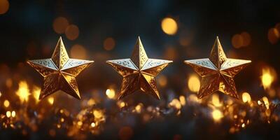 Golden decorative stars arranged on a surface illuminated by shimmering lights during a festive celebration photo