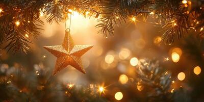 Shimmering golden star ornament hangs on evergreen branch surrounded by warm twinkling lights during festive holiday season photo