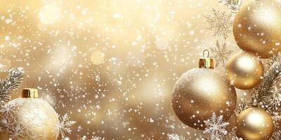 Golden Christmas decorations with shimmering ornaments and snowflakes create a festive atmosphere during the holiday season photo