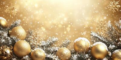 Golden Christmas decorations with ornaments and snowflakes creating a festive atmosphere in December photo