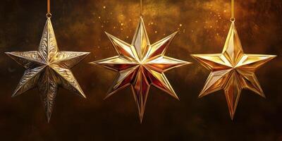 Beautiful golden star decorations hang against a shimmering backdrop for a festive celebration photo