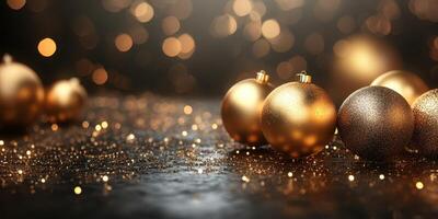 Golden and silver ornaments shine on a festive backdrop of twinkling lights during the holiday season photo