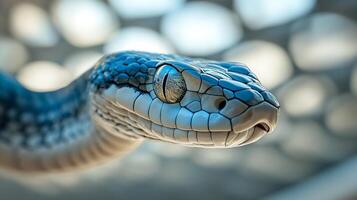 A captivating close-up of a snake's head, showcasing intricate scale patterns and a mesmerizing eye, against a blurred, neutral background. photo
