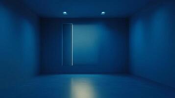 Blue empty room with vertical indentation, illuminated by ceiling lights, creates a minimalist, solitary and introspective atmosphere. photo