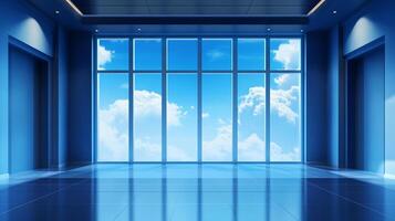 A serene interior space with a large window offering a view of a bright blue sky filled with fluffy white clouds creates a peaceful and calming atmosphere. photo