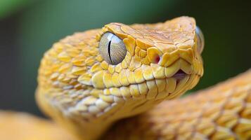 A close-up of a vibrant yellow viper displays its intricate scales and piercing gaze. The snake's pattern blends with the foliage background. photo