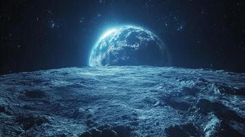 View from a lunar surface, Earth rises over the horizon, stars twinkle in the dark sky, creating a cosmic landscape with texture and depth. photo