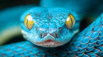 A vibrant turquoise snake with piercing yellow eyes stares directly ahead. Its scales glisten, creating a mesmerizing and intense close-up. photo