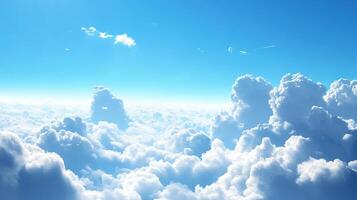 Expansive view of fluffy white clouds under a bright blue sky, evoking a sense of peace, vastness, and natural beauty. Serene atmosphere. photo