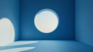 A minimalist blue room with a circular window offers a serene view and abstract composition, enhanced by light and shadow interplay. photo