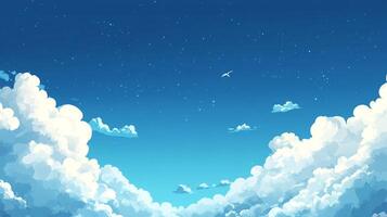 A picturesque skyscape unfolds with fluffy white clouds scattered across a clear blue sky, accented by a scattering of distant, twinkling stars. photo