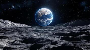 View of a planet from a lunar surface, with the vast expanse of space filled with twinkling stars in the backdrop. Cosmic perspective. photo