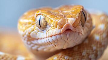 Close-up of a snake's face reveals intricate details. Its golden scales, captivating eyes, and unique snout create a mesmerizing portrait. photo