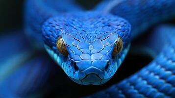 Striking close-up of a vibrant blue snake with mesmerizing golden eyes, showcasing its scales and captivating gaze against a dark backdrop. photo