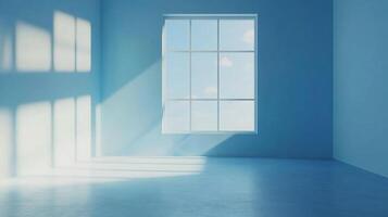 Sunlight streams through a window into an empty blue room, creating patterns of light and shadow on the floor and wall. Serene space. photo