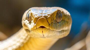 A close-up of a snake with golden skin and watchful eyes, captured with sharp focus and depth, presenting nature's detail. photo