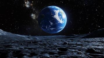 Earthrise from a distant, desolate moon with a starlit backdrop, showcasing our planet's beauty against the stark lunar landscape. photo