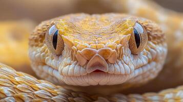 Close up view of a sidewinder snake showing intricate scale detail and striking eyes. Yellow and white pattern. Reptile. photo
