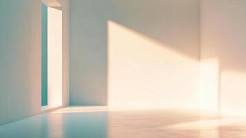White room with a window and a door. The room is empty and has a very clean and simple design photo