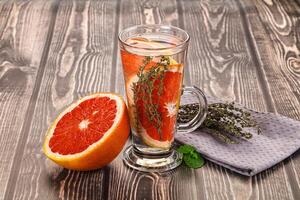 A glass of water with a grapefruit and herbs photo