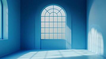 A serene azure room bathed in soft light streaming through a grand arched window, creating peaceful shadows on the floor and walls. photo