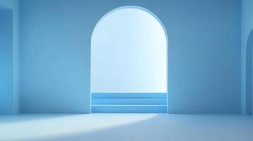 Minimalist blue hallway with an arched entrance, embodying simplicity and tranquility, bathed in soft, ethereal light, inviting and serene. photo