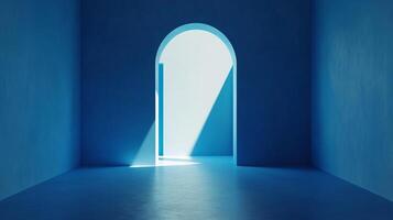 A blue architectural rendering presents an arched opening filled with bright white light, casting a stark contrast in a simple, evocative scene. photo