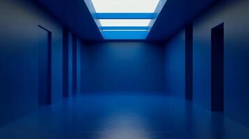 A minimalist, monochromatic blue space featuring a skylight, creating a sense of depth and architectural simplicity with shadows and angles. photo