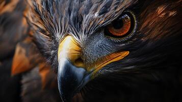 Close up of a bird's face with a yellow beak and orange eyes. The bird's eyes are open and staring at the camera photo