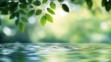 Leaves dangle above rippling water, creating a calming nature scene with bokeh lights reflecting off water's surface, very peaceful setting. photo