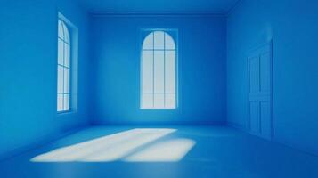 An empty room bathed in blue, with sunlight streaming through arched windows, creating a serene and minimalist atmosphere, door is on the right photo