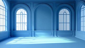 Monochromatic blue room with large arched windows and detailed molding, creating a serene and architectural space bathed in light. photo
