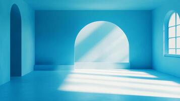 Minimalist blue room with natural light streaming through arched openings and a window, creating a serene and bright atmosphere. photo
