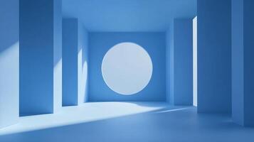 Abstract blue room interior featuring geometric columns, a circular window and soft light creating a minimalist, serene atmosphere. photo