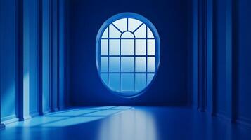 Blue minimalist interior design, showcasing an arched window, creating a tranquil and visually compelling architectural composition. photo