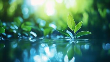 A young plant emerges from crystal clear water reflecting lush green foliage, bathed in soft light, symbolizing growth and new beginnings. photo