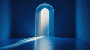 Architectural archway bathed in bright light against a stark, minimalist space. A beacon of hope in a deep blue environment. photo