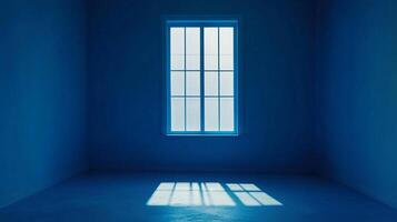 Minimalist interior features a bright window casting geometric light patterns on the blue floor of an empty room. Serene and contemplative space. photo