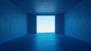 An ethereal room bathed in monochromatic blue light highlights a glowing doorway, creating a serene and minimalist architectural space. photo
