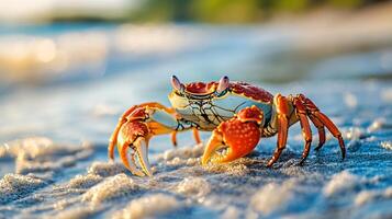 Crab is walking on the beach. The crab is orange and white. The water is blue photo