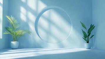 Minimalist interior scene with plants and a circular window casting shadows in a monochromatic light blue palette creates a serene atmosphere. photo