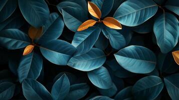 Close up of a leafy plant with blue leaves and gold accents. The leaves are arranged in a way that creates a sense of depth and texture, with some leaves overlapping and others standing out photo